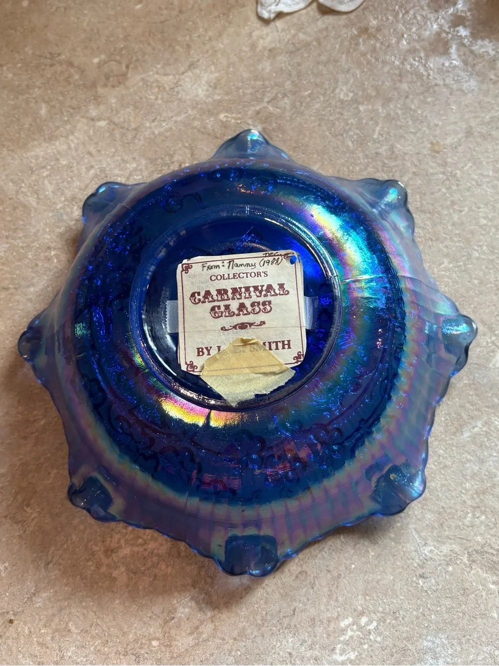 Vintage L.E Smith Carnival Glass Windmill Iridescent Blue Ruffled Glass Bowl 8”
